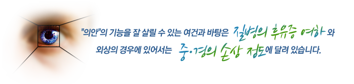 "의안"의 기능을 잘 살릴 수 있는 여건과 바탕은 질병의 후유증 여하와 외상의 경우에 있어서는 중·경의 손상 정도에 달려 있습니다.